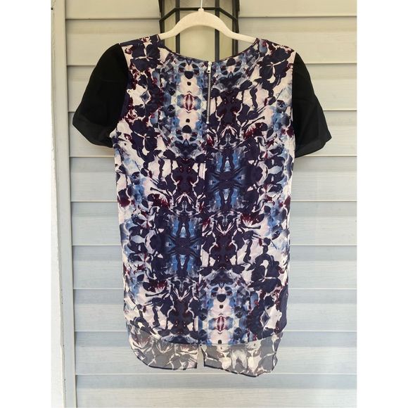 Rebecca Taylor Blue black Abstract Printed Short Sleeve Silk Blouse Sz 4 MP $200 - Picture 8 of 12